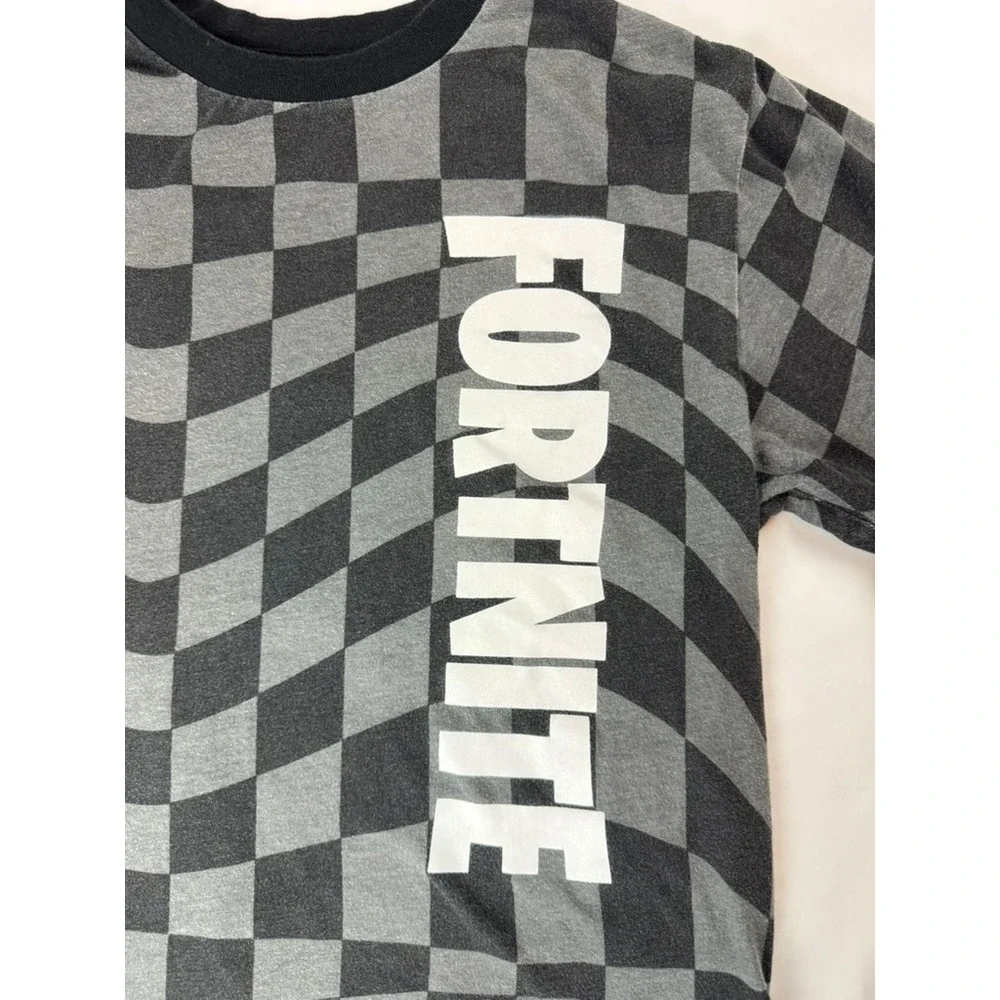 Fortnite Kids Boys XXL 18 T-Shirt Grey Black Warped Checkerboard Graphic Tee